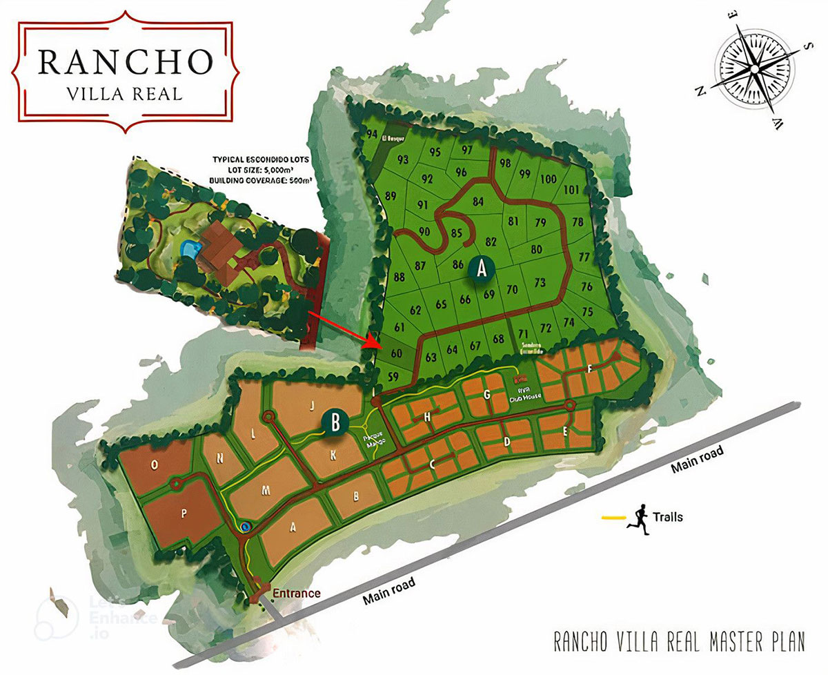 Rancho Villa Real master plan map showing internal roads, trails, the main entrance, Parque Mango, and labeled blocks and lots throughout the community.